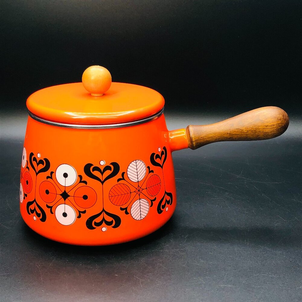 70s Orange Enamelware Fondue Pot ONLY, Vintage Nordic Dutch Wild Florals